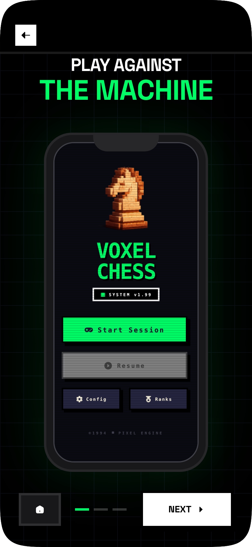 Voxel Chess main menu with voxel knight piece and Start Session button